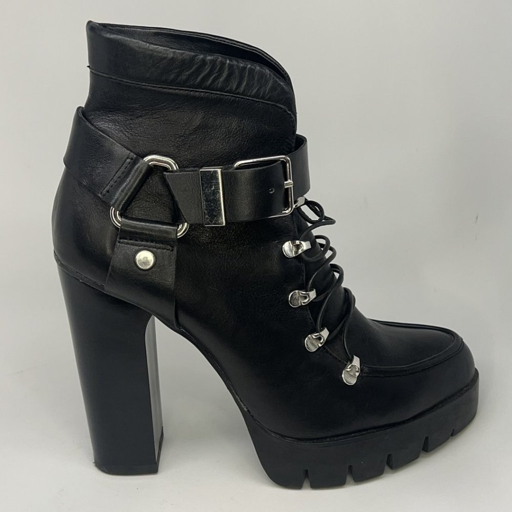 Zara Black Leather Platform Lug Sole Harness Lace Up Ankle Boots EU 39 (US M)